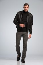 Casual Ντύσιμο με Ανδρικό Παντελόνι Chino Υφασμάτινο MASSARO Γκρι- Slim fit, Μαύρο Ζιβάγκο πλεκτό και δερμάτινο μπουφάν μαύρο δερματίνη