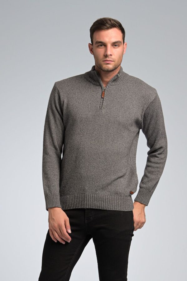 Φθηνό Κλασικό Γκρι Ανδρικό Massaro Μάλλινο Πλεκτό Τύπου Πόλο με Φερμουάρ
