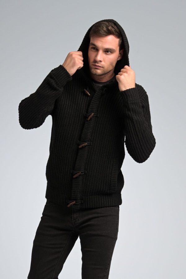 Κλειστή Μοντγκόμερι Ανδρική Μαύρη Ζακέτα με Κουκούλα και Φερμουάρ
