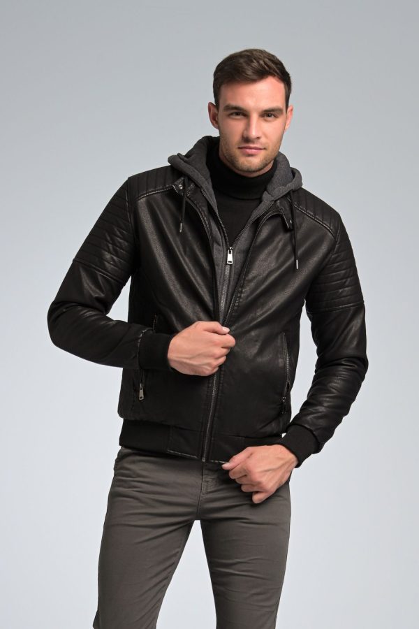 Νεανικό casual Δερμάτινο Ανδρικό Μπουφάν PU Μαύρο PAPARAZZI με Αφαιρούμενη Κουκούλα