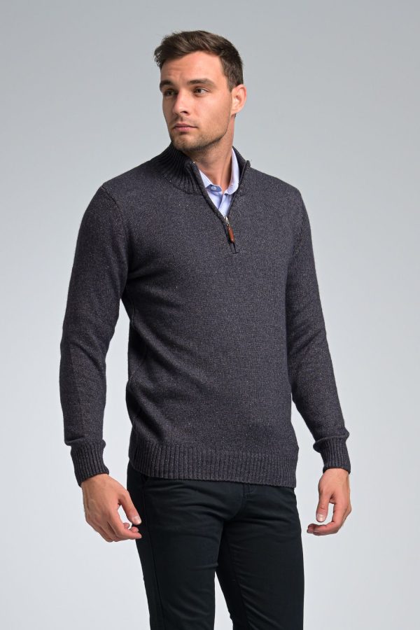 Κλασικό Άνετο Μπλε Denim Ανδρικό Massaro Μάλλινο Πλεκτό Τύπου Πόλο με Φερμουάρ σε προσφορά