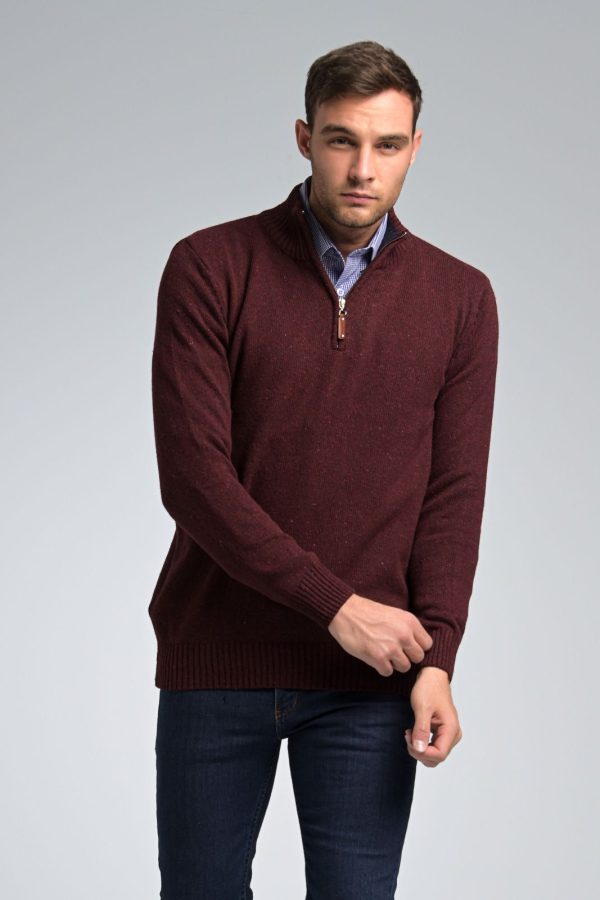 Φθηνό Κλασικό Μπορντό Ανδρικό Massaro Μάλλινο Πλεκτό Τύπου Πόλο με Φερμουάρ