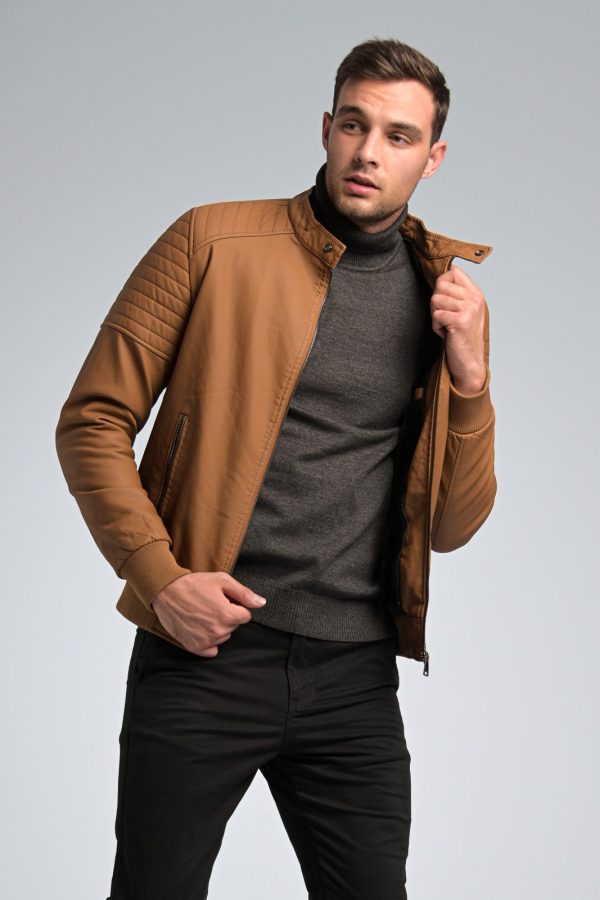 Casual Μοντέρνο Νεανικό Δερμάτινο Ανδρικό Μπουφάν PU Κάμελ PAPARAZZI με Αφαιρούμενη Κουκούλα