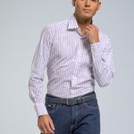 Λευκό Πουκάμισο PAPARAZZI με Μωβ Ρίγα χωρίς Τσεπάκι - Classic Fit