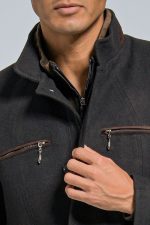 Μάλλινο Ανδρικό Παλτό με Όρθιο Γιακά και Καφέ Λεπτομέρειες σε Μαύρο Χρώμα