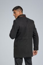 Μάλλινο Ανδρικό Παλτό με Όρθιο Γιακά και Καφέ Λεπτομέρειες σε Μαύρο Χρώμα