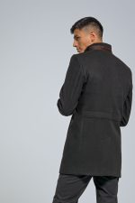 Μάλλινο Ανδρικό Παλτό με Όρθιο Γιακά και Καφέ Λεπτομέρειες σε Μαύρο Χρώμα