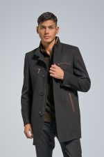 Μάλλινο Ανδρικό Παλτό με Όρθιο Γιακά και Καφέ Λεπτομέρειες σε Μαύρο Χρώμα