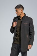 Μάλλινο Ανδρικό Παλτό με Όρθιο Γιακά και Καφέ Λεπτομέρειες σε Μαύρο Χρώμα