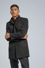 Μάλλινο Ανδρικό Παλτό με Όρθιο Γιακά και Καφέ Λεπτομέρειες σε Μαύρο Χρώμα