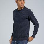 Βαμβακερό Μπλε Ανδρικό Πλεκτό με Λαιμόκοψη και Πλέξη Κοτσίδα