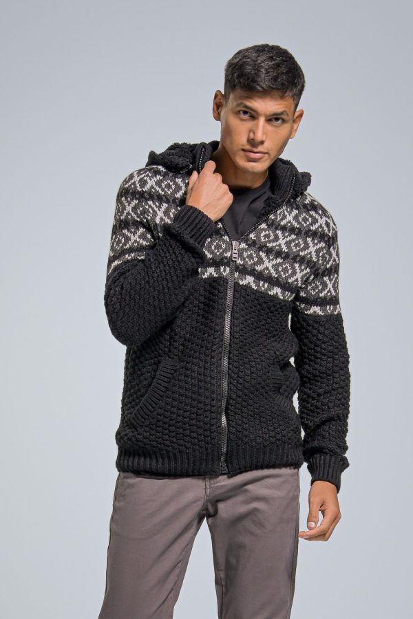 Πλεκτή Ανδρική Ζακέτα με Γούνα και Κουκούλα σε Μαύρο Χρώμα