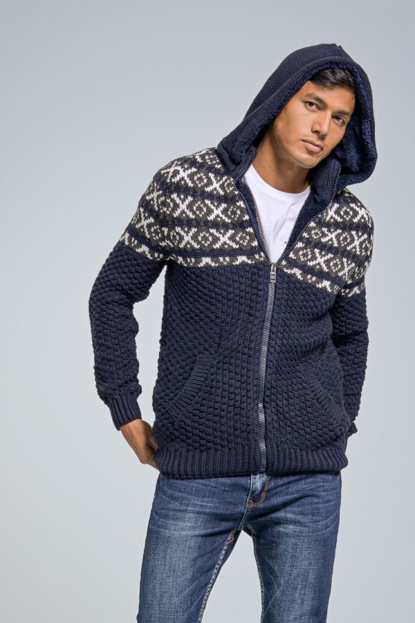 Πλεκτή Ανδρική Ζακέτα με Γούνα και Κουκούλα σε Μπλε Χρώμα