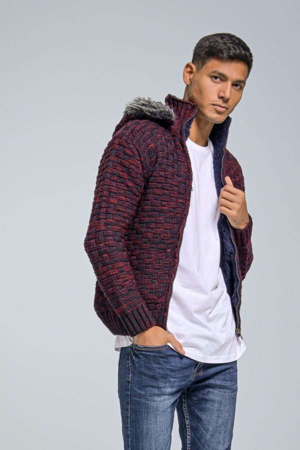Πλεκτή Ανδρική Ζακέτα με Γούνα και Κουκούλα σε Μπορντό Χρώμα