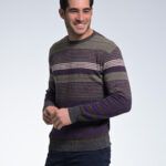 Μωβ Χακί Ανδρικό Μάλλινο Πλεκτό Massaro με Ρίγα και Λαιμόκοψη