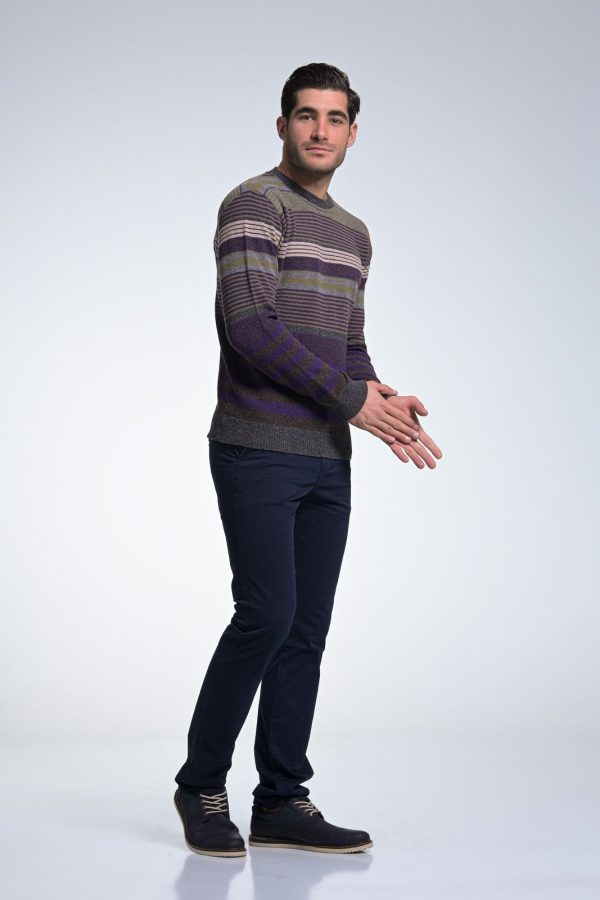 Μωβ Χακί Ανδρικό Μάλλινο Πλεκτό Massaro με Ρίγα και Λαιμόκοψη