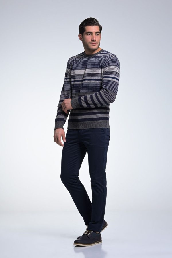 Μπλε Ανδρικό Μάλλινο Πλεκτό Massaro με Ρίγα και Λαιμόκοψη