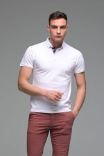 Ανδρικό Κοντομάνικο Πόλο Λευκό με Μπλε Πατιλέτα- Slim Fit