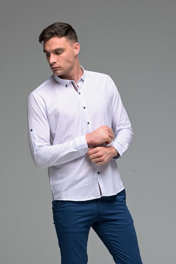 Λευκό Ανδρικό Πουκάμισο Λινό με Μπλε Print - Slim Fit