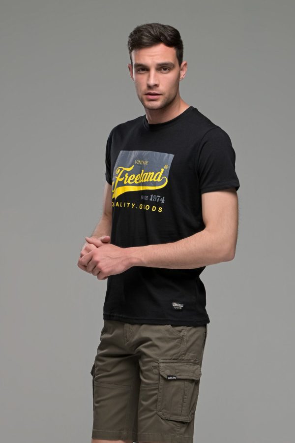 Φθηνό μαύρο ανδρικό κοντομάνικο T-SHIRT με στάμπα casual για όλες τις ώρες