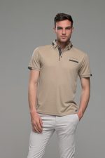 Πόλο ανδρικό μπλουζάκι μπεζ MS με κοντό μανίκι και σχέδιο στο γιακά – Slim Fit