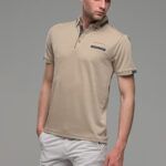 Πόλο ανδρικό μπλουζάκι μπεζ MS με κοντό μανίκι και σχέδιο στο γιακά – Slim Fit