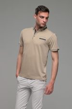 Πόλο ανδρικό μπλουζάκι μπεζ MS με κοντό μανίκι και σχέδιο στο γιακά – Slim Fit