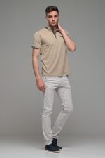 Πόλο ανδρικό μπλουζάκι μπεζ MS με κοντό μανίκι και σχέδιο στο γιακά – Slim Fit