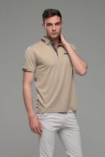 Πόλο ανδρικό μπλουζάκι μπεζ MS με κοντό μανίκι και σχέδιο στο γιακά – Slim Fit