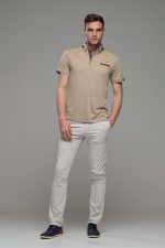 Πόλο ανδρικό μπλουζάκι μπεζ MS με κοντό μανίκι και σχέδιο στο γιακά – Slim Fit