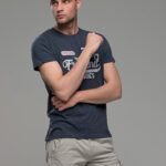 Φθηνό μπλε ανδρικό κοντομάνικο T-SHIRT με στάμπα casual για όλες τις ώρες