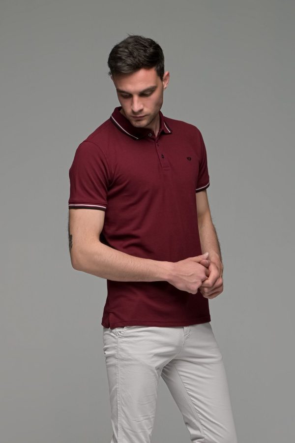Φθηνό Μπορντό Ανδρικό Πόλο Μπλουζάκι με Ρίγα στο Γιακά Καλοκαιρινό Άνετο - Regular Fit