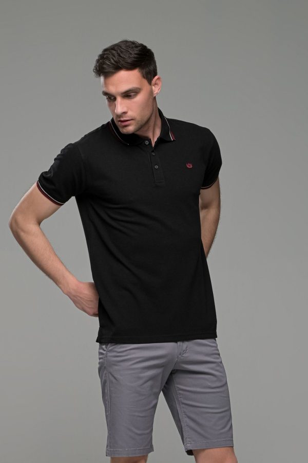 Φθηνό Μαύρο Ανδρικό Πόλο Μπλουζάκι με Ρίγα στο Γιακά Καλοκαιρινό Άνετο - Regular Fit