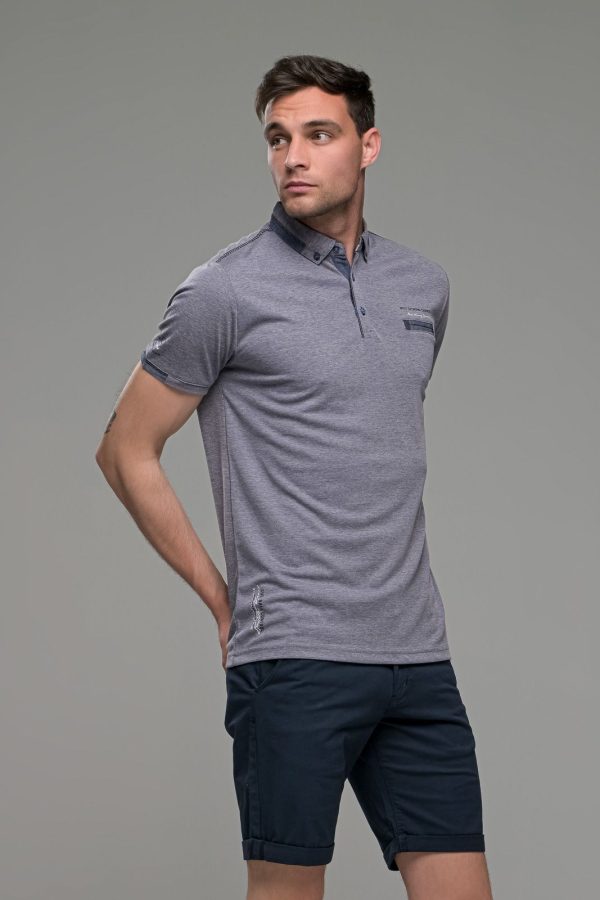 Πόλο ανδρικό μπλουζάκι μωβ MS με κοντό μανίκι και σχέδιο στο γιακά – Slim Fit