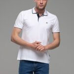 Κοντομάνικο ανδρικό πόλο λευκό SW με μπλε περίγραμμα - Slim Fit