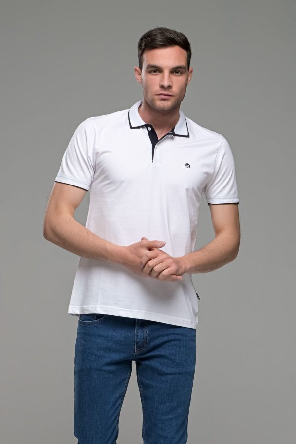 Κοντομάνικο ανδρικό πόλο λευκό SW με μπλε περίγραμμα - Slim Fit