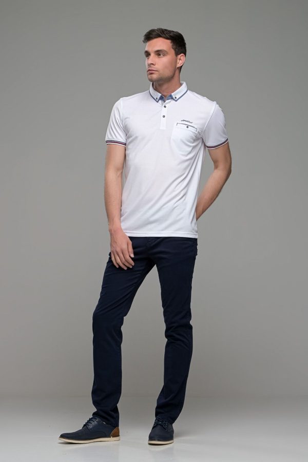 Πόλο ανδρικό μπλουζάκι λευκό MS με κοντό μανίκι και τσεπάκι – Slim Fit