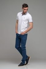 Κοντομάνικο ανδρικό πόλο λευκό SW με μπλε περίγραμμα - Slim Fit