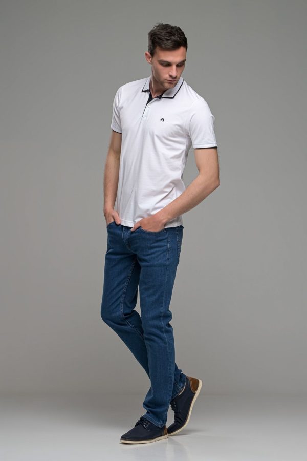 Κοντομάνικο ανδρικό πόλο λευκό SW με μπλε περίγραμμα - Slim Fit