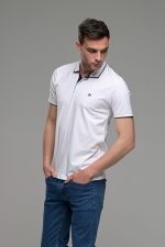 Κοντομάνικο ανδρικό πόλο λευκό SW με μπλε περίγραμμα - Slim Fit