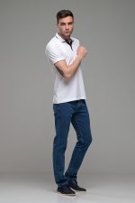 Κοντομάνικο ανδρικό πόλο λευκό SW με μπλε περίγραμμα - Slim Fit