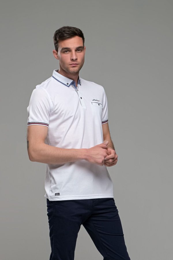 Πόλο ανδρικό μπλουζάκι λευκό MS με κοντό μανίκι και τσεπάκι – Slim Fit