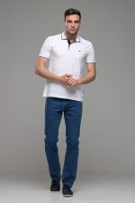 Κοντομάνικο ανδρικό πόλο λευκό SW με μπλε περίγραμμα - Slim Fit