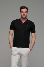 Κοντομάνικο ανδρικό πόλο μαύρο SW με μπορντό περίγραμμα - Slim Fit