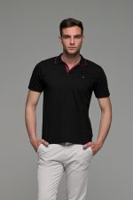 Κοντομάνικο ανδρικό πόλο μαύρο SW με μπορντό περίγραμμα - Slim Fit