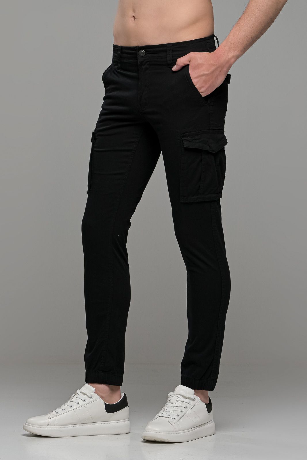 Cargo Παντελόνι με Τσέπες και Λάστιχο σε Μαύρο Χρώμα - Skinny Fit