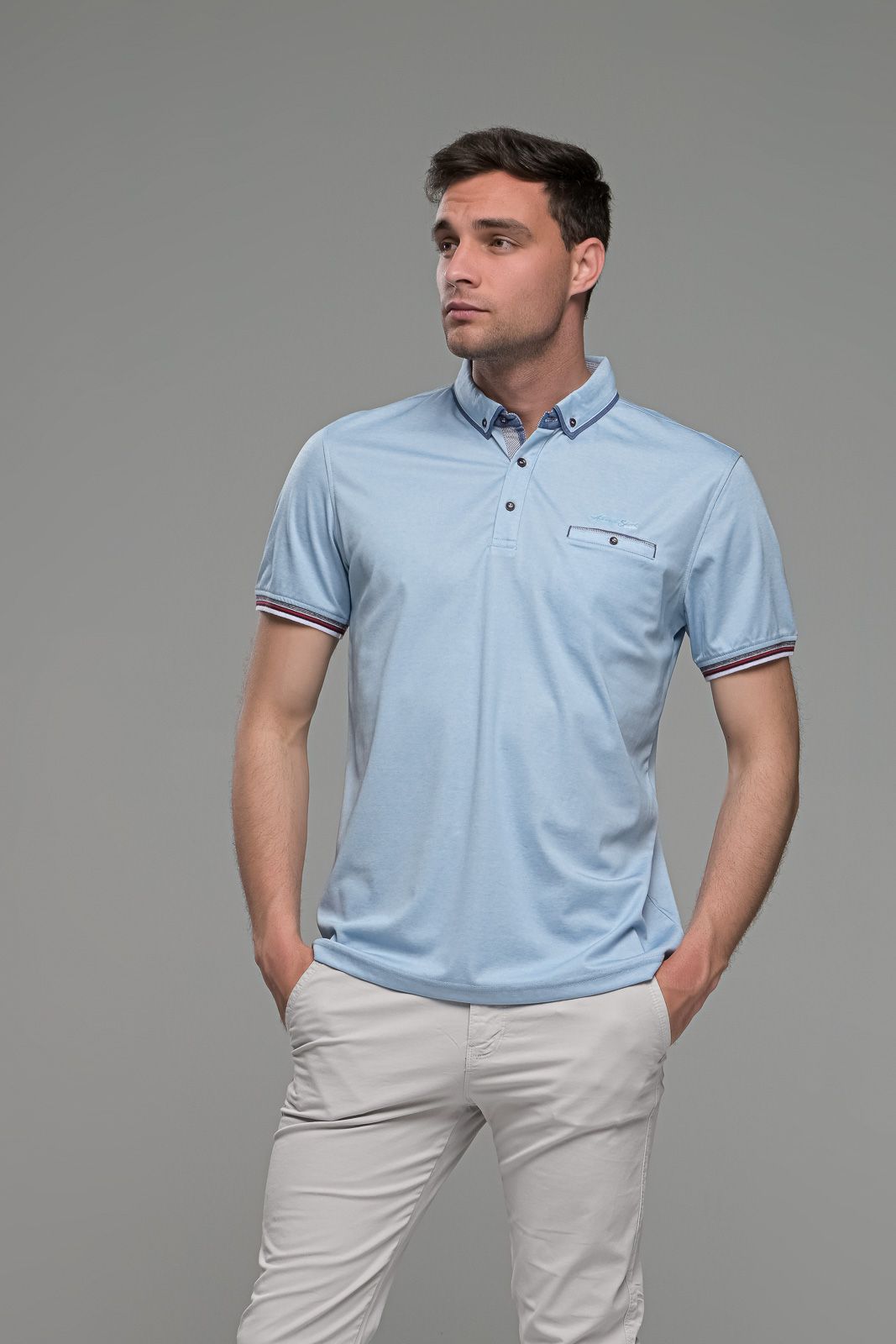 Πόλο ανδρικό μπλουζάκι γαλάζιο MS με κοντό μανίκι και τσεπάκι – Slim Fit