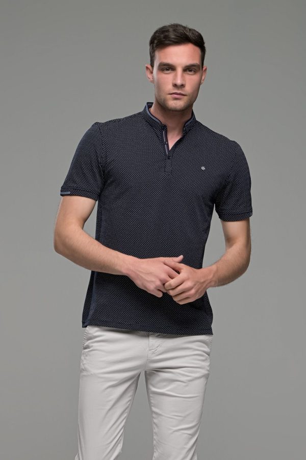 Μαο μπλε Ανδρικό Πόλο Μπλουζάκι με Λευκό Μικροσχέδιο skim fit εύκολο σίδερο κάθε μέρα