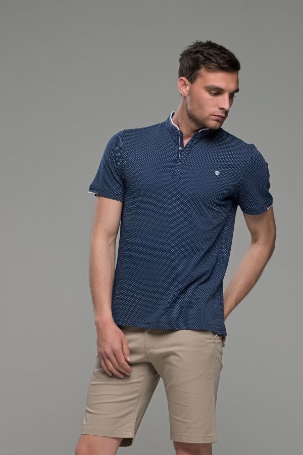 Μαο μπλε Ανδρικό Πόλο Μπλουζάκι με Λευκό Μικροσχέδιο skim fit εύκολο σίδερο κάθε μέρα