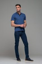 Κοντομάνικο ανδρικό πόλο μπλε denim SW με μπλε λεπτομέρεια για γιακά- Slim Fit